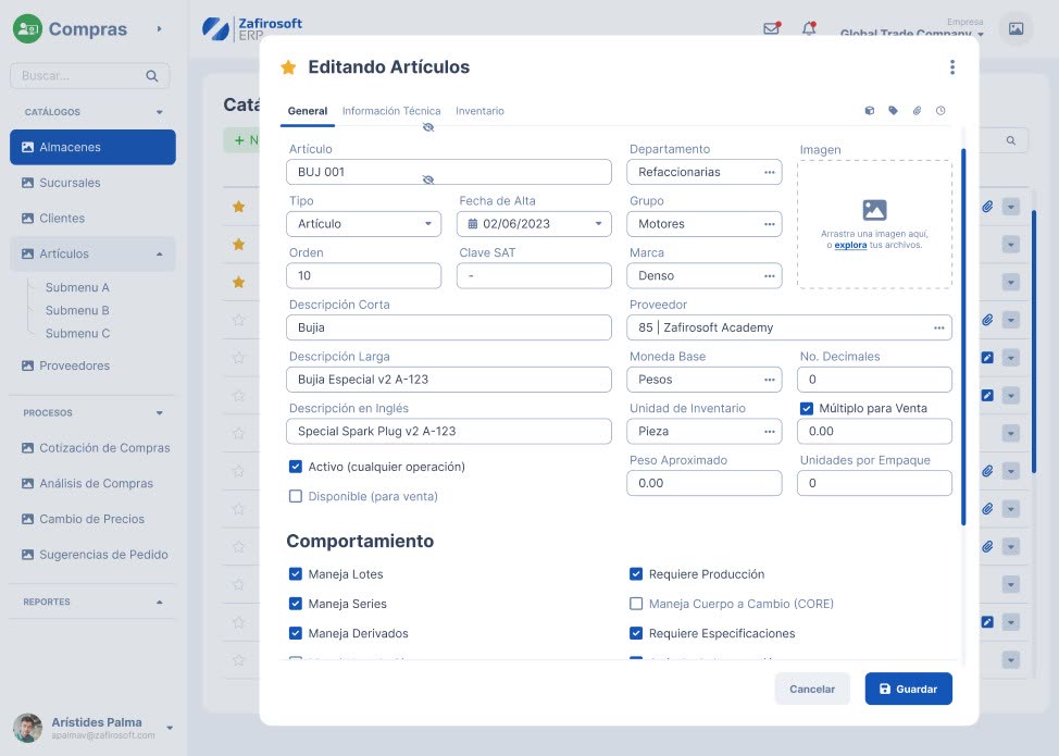 Artículos de Zafirosoft ERP para manufactura